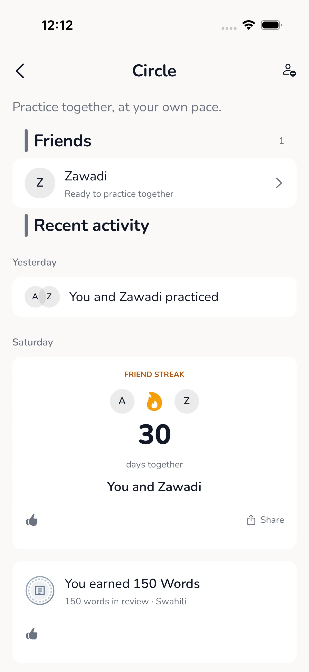 Vocapi Circle showing a friend, shared practice, a 30-day friend streak, and learning milestones