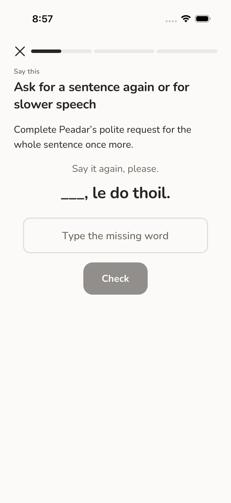 An Irish lesson asking the learner to complete a polite request by typing an answer