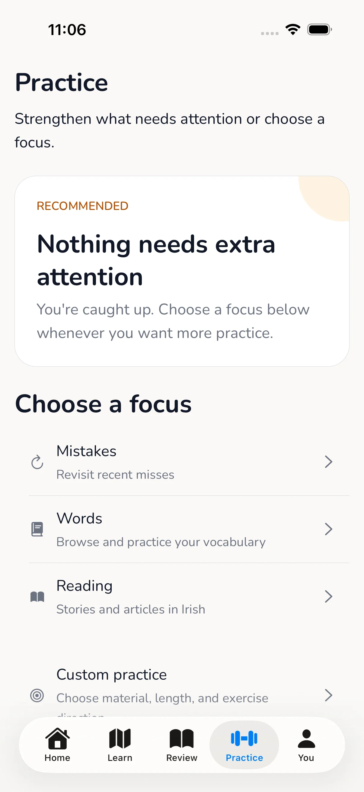 Vocapi Practice screen offering mistakes, vocabulary, reading, and custom practice