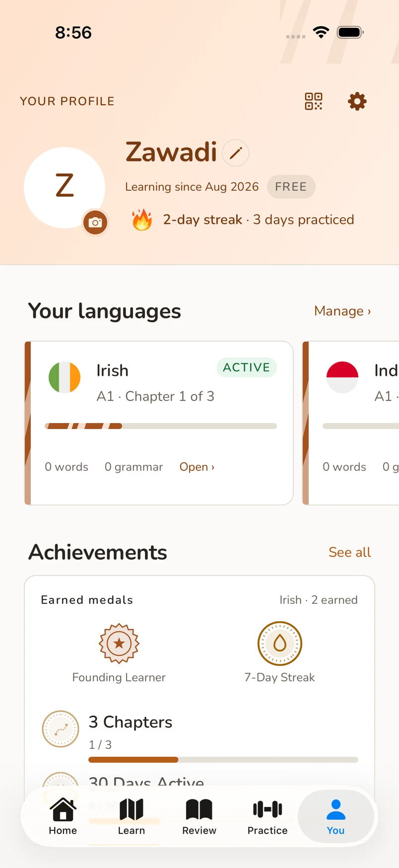 Zawadi's profile with language progress and earned achievements