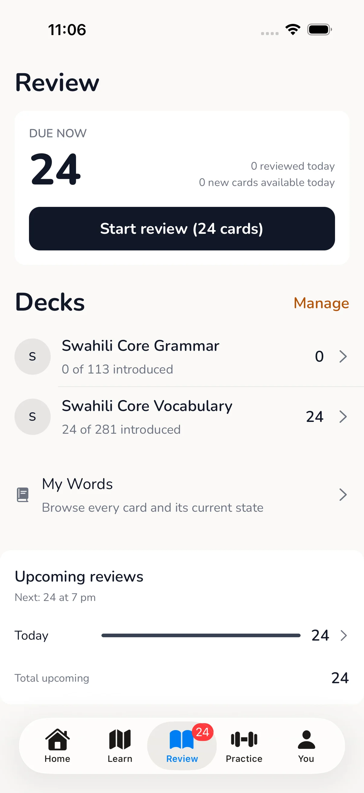 Vocapi Review screen showing due cards and Swahili grammar and vocabulary decks